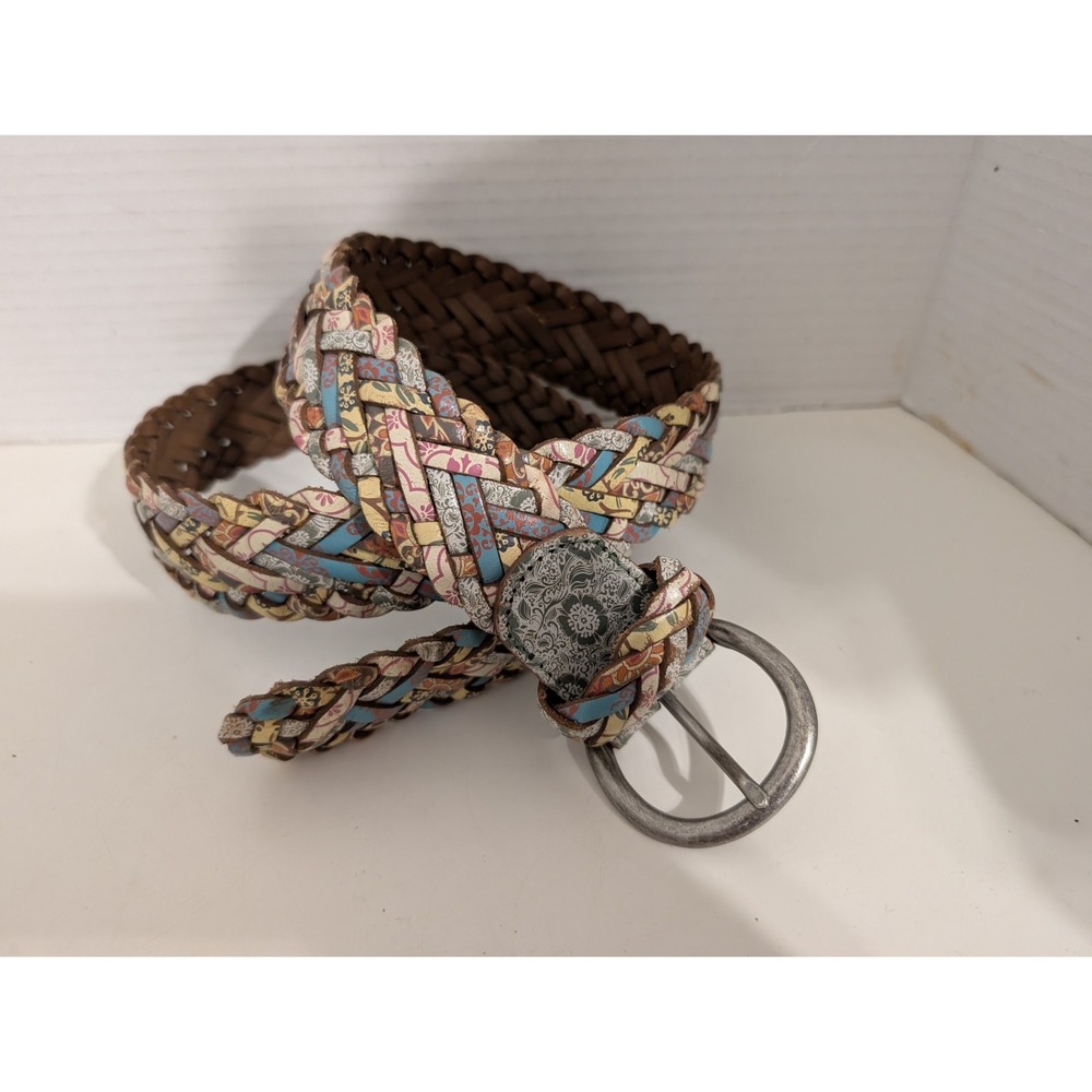 Boho Cottage Braided Leather Belt  Silver Buckle Measure 43"